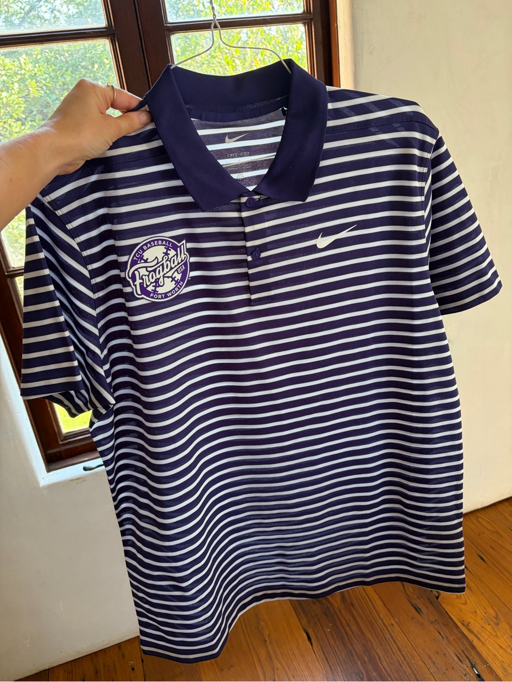 TCU Nike Men’s Purple and White Striped Polo Shirt